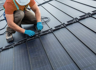 Residential asphalt roof being repaired