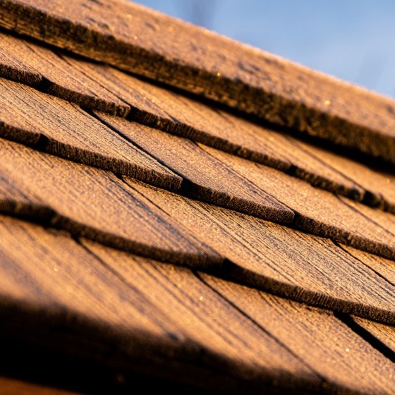 Close-up view of wood roofing on a residential home