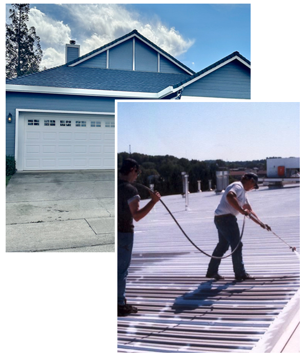 Collage image of Edgeline Roofing servicing a commercial roof and a residential home